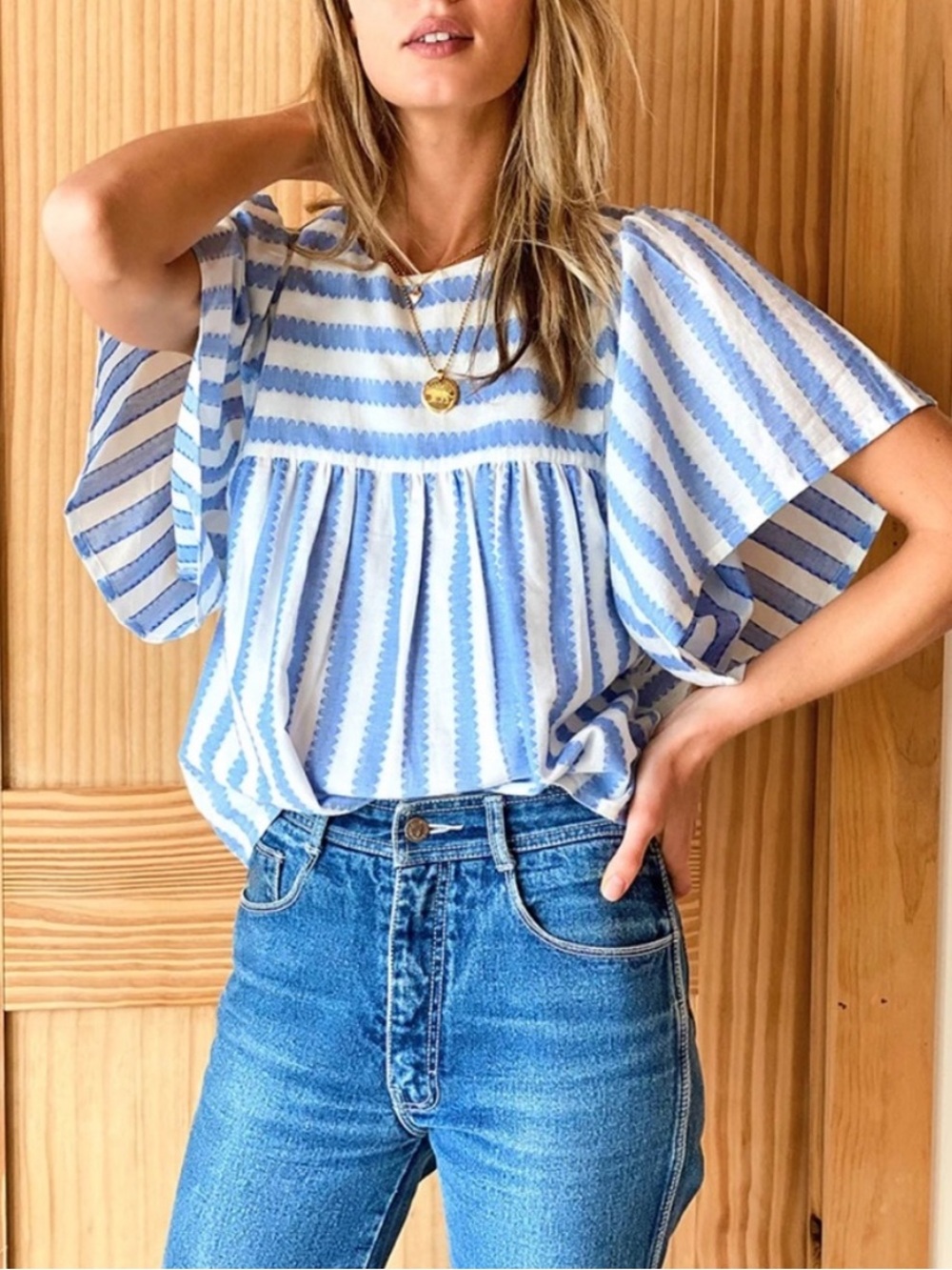 Emerson Fry India Collection Basalie Top Blouse Scallop Blue Stripe Small $118 - Picture 12 of 12